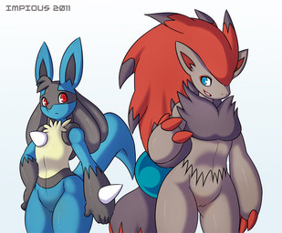 anthro duo eye_contact female genitals looking_at_another nude vulva impious nintendo pokemon generation_4_pokemon generation_5_pokemon lucario pokemon_(species) zoroark