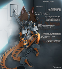 anthro bdsm blindfold bondage bondage_gear bondage_gloves bound bulge chain clothing collar confinement cuff_(restraint) dialogue gag gag_mask gagged handwear latex latex_clothing latex_skinsuit lock lock_symbol male metal_collar muzzle_(object) muzzled null_bulge orange_body prison prison_suit prison_uniform prisoner restraints shackles skinsuit solo text tight_clothing hiconnen mittens_(tylerfloof) felid feline mammal english_text hi_res