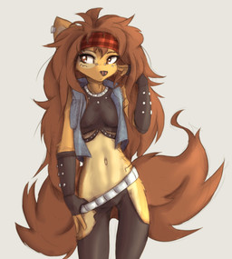 accessory anthro arm_markings arm_tattoo arm_tuft black_nose bottomwear breasts brown_body brown_fur brown_hair chaps cheek_tuft chest_markings chest_tattoo clothed clothing ear_piercing elbow_tuft eyelashes facial_markings facial_piercing facial_tattoo facial_tuft female female_anthro fingerless_gloves fur furgonomic_piercing furgonomics gloves grey_background hair handwear head_markings headband hip_markings hip_tattoo leg_markings long_hair looking_aside markings messy_hair mottled mottled_nose muzzle_piercing navel neck_markings neck_tattoo no_underwear nose_piercing pants pattern_clothing piercing pink_nose plaid plaid_clothing pulling_down_pants raised_arm shirt simple_background slim solo standing tattoo topwear torn_sleeves tuft tinygaypirate apogee_(tinygaypirate) canid canine canis domestic_dog mammal spitz 2022 absurd_res hi_res portrait three-quarter_portrait