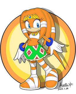 anthro bandage bandaged_foot bandaged_leg blue_eyes bottomwear clothed clothing female gloves handwear headgear headwear on_style orange_body simple_background skirt smile solo standing style_emulation tail text topwear aozora_(tasogare_aozora) sega sonic_adventure sonic_the_hedgehog_(series) tikal_the_echidna echidna mammal monotreme 2024 digital_media_(artwork) english_text japanese_description