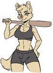 anthro baseball_bat bat_(object) bottomwear bra breasts bulge clothing curled_tail eye_scar facial_scar floppy_ears fluffy fluffy_tail fur grey_eyes gynomorph hair hand_on_hip holding_object intersex looking_at_viewer makeup mascara navel scar short_hair shorts smile solo sports_bra tail tan_body tan_fur tan_hair tan_tail underwear wide_hips f4ephantomii billie_jo_(satanicwolfluna) canid canine canis domestic_dog mammal mixed_breed pomsky 2024 hi_res trans_(lore) trans_woman_(lore)