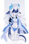 2_horns anthro big_breasts blue_clothing blue_eyes blue_horn blue_swimwear breasts clothing female hair horn legwear ribbons shark_plush shark_tail solo stockings swimwear tail teeth white_hair tanatos_aaa draw_this_in_your_style ikea blahaj soda_(soda_uyu) fish marine shark digital_media_(artwork) hi_res