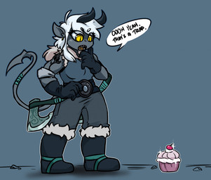 anthro axe clothed clothing cupcake dialogue dialogue_box fangs female food gloves grey_body hair handwear melee_weapon muscular muscular_anthro muscular_female open_mouth simple_background solo teeth text tongue weapon white_hair yellow_eyes hijackerdraws demon english_text