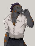 anthro belt black_body black_scales blue_eyes bottomwear cigarette cigarette_in_mouth clothing dress_shirt grey_background grey_bottomwear grey_clothing grey_pants looking_at_viewer male mane muscular muscular_male object_in_mouth orange_body orange_scales pants purple_mane scales shirt simple_background smoke solo topwear white_clothing white_shirt white_topwear 9klipse echo_(game) echo_(series) echo_project flynn_moore gila_monster helodermatid lizard reptile scalie 2021 hi_res