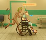 3d_background blurred_background clothing color_coded_text duo laugh male male/male nude psychiatric_hospital speech_bubble vehicle wheelchair chokodonkey conditional_dnp choko_(chokodonkey) asinus canid canine canis dalmatian domestic_dog donkey equid equine mammal