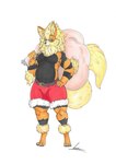 anthro bag bottomwear clothed clothing eyewear fluffy glasses holidays male muscular pants solo topless topless_anthro topless_male lxk777 christmas nintendo pokemon emarcanine arcanine generation_1_pokemon pokemon_(species) hi_res