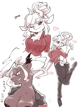 alternate_form alternate_species anthro black_body black_fur breasts butt cleavage clothed clothing female fur furrification heart_symbol horn markings mole_(marking) mole_under_eye one_eye_closed red_eyes white_body white_fur wink barabarano20 helltaker goat_lucifer_(helltaker) judgement_(helltaker) bovid caprine felid goat mammal pantherine 2020