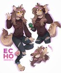 2023 4_toes 5_fingers anthro awoo barefoot breasts canid canine canis claws clothed clothing coyote death_(band) digital_media_(artwork) duo feet female fingers hi_res hihikori mammal monster_energy open_mouth orange_sclera pawpads paws red_eyes smile teeth toe_claws toes tongue