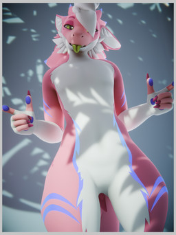 anthro blep border claws featureless_chest fluffy fluffy_hair fur green_eyes grey_border hair male nude pink_body pink_fur simple_background smile smirk solo tongue tongue_out white_body white_fur white_hair impliqued snoodle 3d_(artwork) digital_media_(artwork) hi_res