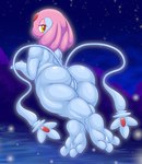 anthro big_butt blue_body butt eyelashes feet female floating forehead_gem gem genitals glowing looking_at_viewer looking_back multi_tail night outside pussy solo tail thick_thighs water wide_hips yellow_eyes adeviantcritter nintendo pokemon generation_4_pokemon legendary_pokemon mesprit pokemon_(species) absurd_res hi_res