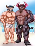 abs anthro beard big_bulge black_hair body_hair bottomwear bulge chest_hair clothing detailed_bulge duo facial_hair hair horn humanoid_pointy_ears male muscular muscular_anthro muscular_male nipples one_eye_closed pecs pointy_ears shorts speedo swimwear wink pikako46 lifewonders live_a_hero alphecca obsidius bovid bovine cattle horned_humanoid humanoid mammal