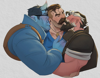 arm_scar barazoku beard biceps black_clothing black_hair black_shirt black_topwear blue_body blue_clothing blue_coat blue_shirt blue_skin blue_topwear brown_clothing brown_hair brown_topwear brown_vest burn_scar clothing coat eyewear facial_hair facial_scar glasses group group_sex hair hand_on_chest horn humanoid_pointy_ears jewelry kissing kissing_neck male male/male muscular muscular_human muscular_humanoid muscular_male mustache necklace not_furry pointy_ears priest scar sex shirt simple_background threesome topwear triceps vest white_background white_hair 3innord deadlock_(game) valve abrams_(deadlock) jacob_lash venator_(deadlock) demon demon_humanoid human humanoid mammal 2026