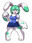 anthro barefoot biped blush bottomwear breasts clothed clothing eyewear feet female fur glasses green_body green_fur green_hair hair open_mouth purple_eyes simple_background skirt solo white_background white_body white_fur wide_hips greliz lagomorph leporid mammal rabbit 3:4