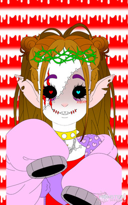abstract_background brown_hair chain choker clothing creepy crown_of_thorns empty_eye_sockets eye_scar eyebrows eyelashes facial_scar female hair heart_eyes heart_symbol humanoid_pointy_ears jacket jewelry long_hair looking_at_viewer monster_girl_(genre) necklace notched_ear oversized_clothing pointy_ears scar sewn_mouth sharp_teeth shirt smile solo spiked_choker surgical_suture teeth topwear unknown_artist himalaya_(jalapeno) humanoid 5:8 hi_res source_request