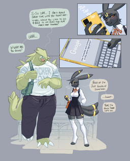 anthro anthrofied black_body black_fur blush bottomwear breasts cellphone clothed clothing dialogue dress duo electronics eyewear female fully_clothed fur glasses green_body hand_on_hip holding_cellphone holding_object holding_phone holding_smartphone larger_male male male/female nerd pants phone purse red_eyes shirt size_difference smaller_female smartphone smile speech_bubble t-shirt tail tail_motion tailwag text toeless_legwear toeless_stockings topwear wearing_glasses proxicute google nintendo pokemon eeveelution generation_2_pokemon pokemon_(species) tyranitar umbreon english_text hi_res