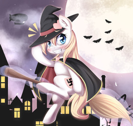 aircraft airship ambient_silhouette blush broom broom_riding cleaning_tool cloak clothing costume detailed_background ear_tuft female feral fog group hat head_crest headgear headwear heart_symbol holidays m'lady magic magic_user moon nazi night outside plant riding silhouette sitting sky smile solo_focus straddling swastika town tree tuft vehicle white_body white_skin witch aryanne halloween hasbro my_little_pony aryanne_(character) fan_character ambient_bat ambient_flier bat domestic_cat earth_pony equid equine felid feline felis horse mammal pony full-length_portrait hi_res portrait
