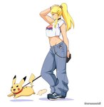 blonde_hair breasts clothing collar domestic_pet duo female female_human feral footwear fur hair kirby_print larger_female larger_human leash light_body light_skin long_hair male male_feral midriff open_mouth open_smile pedometer pokewalker red_collar simple_background size_difference smaller_feral smaller_male smile yellow_body yellow_fur zeromomentai kirby_(series) metroid nintendo pokemon super_smash_bros. kirby samus_aran generation_1_pokemon human mammal pikachu pokemon_(species) absurd_res crossover hi_res signature