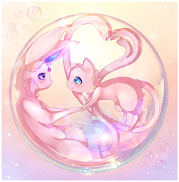 blue_eyes blue_inner_ear blush bubble cheek_tuft duo eye_contact eyelashes facial_tuft feral fur gem in_bubble inner_ear_fluff long_ears long_tail looking_at_another pink_body pink_fur purple_eyes smile tail tuft finsterlichart nintendo pokemon eeveelution espeon felid generation_1_pokemon generation_2_pokemon legendary_pokemon mammal mew_(pokemon) pokemon_(species) 2017 hi_res
