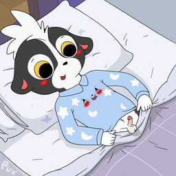 anthro balls bed bed_sheet bedding clothing erection fur furniture genitals hair humanoid_genitalia humanoid_penis looking_at_genitalia looking_at_penis lying male on_back on_bed pajama_shirt penis pillow sentient_clothing small_penis smile solo tongue tongue_out topwear yellow_eyes young young_anthro young_male pux mammal mephitid skunk striped_skunk 1:1 digital_media_(artwork) hi_res