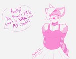 anthro biped bottomwear caught clothed clothing crossdressing dominant dominant_female duo embarrassed female femboy fur gag gagged hair humiliation male offscreen_character ribbons skirt speech_bubble text maxfloof max_(maxfloof) maxine_(maxfloof) hyena mammal digital_media_(artwork) english_text hi_res monochrome pink_and_white sketch