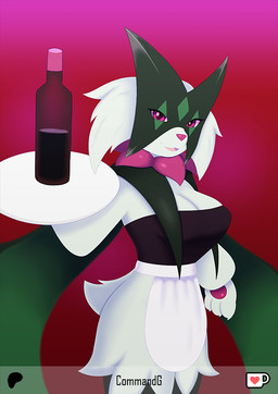 anthro anthrofied big_breasts biped bottle breasts clothed clothing container female female_anthro fur green_body green_fur looking_at_viewer open_mouth open_smile pokemorph smile solo standing tail tongue waitress_outfit waitress_uniform commandg nintendo pokemon felid generation_9_pokemon mammal meowscarada pokemon_(species)