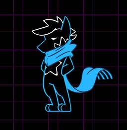 ambiguous_gender anthro black_body blue_scarf dot_eyes hands_behind_back markings mohawk mostly_nude mouthless neutral_expression plantigrade scarf scarf_only side_view simple_background simple_eyes solo standing star_(marking) ire-k deltarune undertale_(series) ire_(ire-k) canid canine canis mammal wolf 2025 hi_res restricted_palette