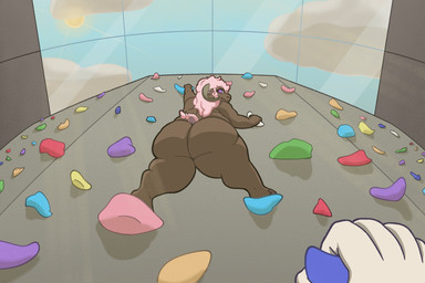 ambiguous_gender anthro big_butt brown_body brown_fur butt climbing_wall_(structure) curved_horn duo female female_focus fur glass_window hair horn huge_butt huge_thighs lgbt_pride looking_at_viewer looming_butt looming_over overweight overweight_female pink_body pink_fur pink_hair pink_tail_tuft pink_wool pride_colors purple_eyes rock_climbing solo_focus sun tail tail_tuft thick_thighs transgender_pride_colors tuft wool_(fur) crispymutton pacha_(crispymutton) bovid caprine mammal sheep 3:2 hi_res trans_(lore) trans_woman_(lore)