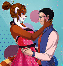 anthro black_hair clothed clothing curvy_figure dancing duo eyewear female fur glasses hair human_on_anthro interspecies larger_female male male/female miikan multicolored_body multicolored_fur multicolored_hair romantic romantic_couple size_difference smaller_male stubble white_body white_skin chrysanthemummy blizzard_entertainment warcraft huan_honeybrew ailurid bear human mammal pandaren red_panda hi_res