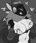 anthro areola blep breast_grab breast_play breasts female hand_on_breast machine simple_background solo tongue tongue_out msmunchkin aurora_nv mamagen protogen absurd_res greyscale hi_res monochrome