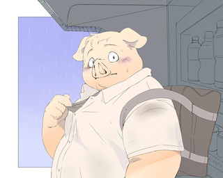 anthro backpack blush clothing kemono male outside overweight overweight_anthro overweight_male raining shirt solo topwear inunoshippo domestic_pig mammal suid suine sus_(pig) 2021 5:4