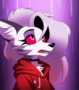 clothed clothing collar female hair hoodie long_hair looking_up open_mouth raining solo standing topwear jesterwing hellaverse helluva_boss mythology loona_(helluva_boss) canid canid_demon canine canis demon hellhound mammal mythological_canine mythological_creature wolf 2024 absurd_res hi_res