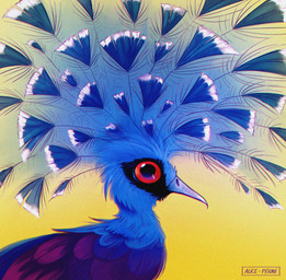 ambiguous_feral ambiguous_gender beak beak_closed black_markings blue_body blue_feathers facial_markings feathered_wings feathers feral gradient_background grey_beak head_markings light looking_at_viewer markings mouth_closed purple_wings red_eyes simple_background solo text wings yellow_background alice_pisoni avian bird columbid crowned_pigeon pigeon victoria_crowned_pigeon 2023 adobe_photoshop_(artwork) artist_name bust_portrait colored digital_drawing_(artwork) digital_media_(artwork) english_description hi_res lighting portrait shaded