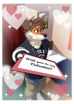 anthro bedroom blush blush_lines blushing_at_viewer college college_jacket dorm_room heart_symbol holidays inside male school solo text valentine's_day_card ariesartist valentine's_day border_collie canid canine canis collie domestic_dog herding_dog mammal pastoral_dog sheepdog absurd_res english_description english_text hi_res
