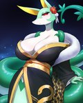 anthro breasts clothed clothing countershading eyelashes female fingers frown green_body green_scales looking_at_viewer mouth_closed multicolored_body non-mammal_breasts pupils red_eyes scales serpentine slit_pupils solo white_body white_countershading yellow_body azuu nintendo pokemon generation_5_pokemon pokemon_(species) reptile scalie serperior snake 4:5 absurd_res hi_res