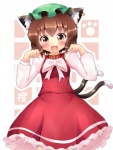 :3 bishop_sleeves blush brown_eyes brown_hair cat_tail clothed clothing dress ear_piercing female hair hat headgear headwear jewelry juliet_sleeves long_sleeves looking_at_viewer multi_tail open_mouth paw_pose piercing pose puffy_sleeves red_clothing red_dress ribbons shirt smile solo tail topwear kane-neko touhou chen_(touhou) animal_humanoid cat_humanoid felid felid_humanoid feline feline_humanoid humanoid mammal mammal_humanoid