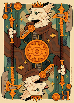 anthro cape card cheek_tuft clothing crown facial_tuft fur green_eyes halberd headgear holding_object holding_weapon king male melee_weapon playing_card playing_card_template polearm royalty side_view solo tuft weapon white_body white_fur morteraphan canid canine canis mammal wolf 2024 signature