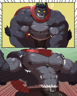 anthro areola arm_tuft barazoku biceps big_deltoids big_muscles big_pecs black_areola black_hair black_nipples blush blush_lines bodily_fluids body_hair bottomwear brown_bottomwear brown_clothing brown_shorts bulge chest_tuft clothed clothing deltoids elbow_tuft eye_scar facial_scar forearm_muscles fur green_highlights grey_body grey_fur grin growth_sequence hair highlights_(coloring) male muscular muscular_anthro muscular_arms muscular_growth muscular_male navel nipples open_mouth pecs question_mark red_scarf scar scarf shorts smile solo sweat teeth topless tuft vein veiny_muscles yellow_sclera reclamon anothereidos_of_dragon_vein_r dickert_(anothereidos_r) canid canine canis mammal wolf 2025 4:5 comic hi_res