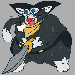 anthro belt black_body black_fur black_nose blue_eyes bodily_fluids breath clothing fangs fluffy fur half-closed_eyes handkerchief holding_object holding_weapon kerchief male markings mask melee_weapon narrowed_eyes open_mouth overweight overweight_male panting shortstack shortstack_male solo sweat sweatdrop sweaty_body sword tail tail_markings teeth utility_belt weapon weight_gain whiskers white_body white_fur yellow_clothing justwatchingthings atlus fattytober megami_tensei persona_(series) persona_5 sega morgana_(persona) domestic_cat felid feline felis mammal tuxedo_cat 1:1 2025 digital_media_(artwork) hi_res