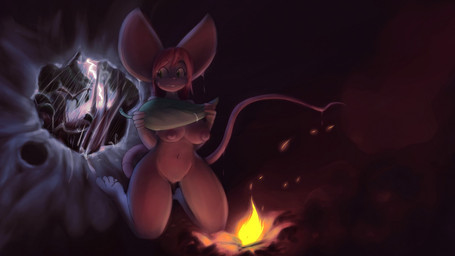 after_transformation anthro areola big_ears branch breasts buckteeth dripping_wet electricity featureless_crotch female fire forest green_eyes hair implied_transformation kneeling leaf lightning navel nipples nude plant raining red_hair solo storm teeth tree wet tgwonder mammal mouse murid murine rodent 16:9 2015 widescreen