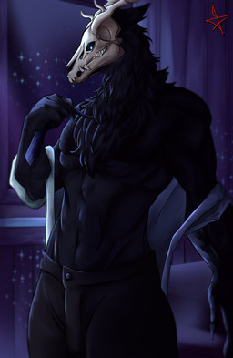 5_fingers anthro antlers bedroom bone bottomwear claws clothing deer_antlers finger_claws fingers fire_eyes fur glowing glowing_eyes half_naked horn humanoid_hands light looking_at_viewer looking_down magic magic_user male moonlight muscular necktie night pants pecs shirt skull skull_head solo sparkles star teeth topwear undressing deadzh3r american_mythology indigenous_north_american_mythology mythology north_american_mythology khadath_hjortsberg cervine cryptid deer mammal wendigo absurd_res hi_res