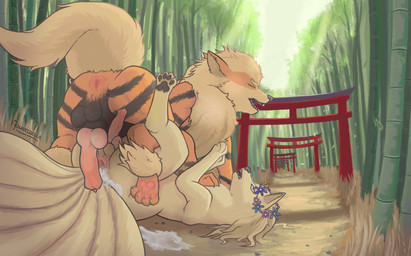9_tails after_anal after_sex anal animal_genitalia animal_penis anus balls bamboo bamboo_forest black_pawpads blue_eyes bodily_fluids butt canine_genitalia canine_penis claws cum cum_in_ass cum_inside cum_puddle detailed_background digitigrade duo erection eyes_closed feral feral_on_feral finger_claws flower flower_crown forest fur gaping gaping_anus genital_fluids genitals knot knotted_penis leaking_cum looking_pleasured lying male male/male male_feral multi_tail on_back on_ground on_top open_mouth orange_body orange_fur pawpads paws penis penis_size_difference pink_pawpads plant quadruped snout standing tail toe_claws torii tree yellow_body yellow_fur aquaridella nintendo pokemon arcanine generation_1_pokemon ninetales pokemon_(species) hi_res