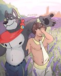 anthro bangle bottomwear cape clothing duo field flower jewelry laurel_wreath lavender_(flower) male pants plant shirtless shirtless_male smile toga fears4bears adastra adastra_(series) echo_project amicus_(adastra) marco_(adastra) canid canine canis human mammal wolf 4:5 hi_res