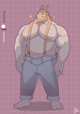 anthro beard belly biceps big_nipples blonde_hair body_hair bottomwear chest_hair clothed clothing ears_down facial_hair hair horn male mature_male moobs musclegut muscular muscular_arms muscular_male navel nipples pants pecs pivoted_ears serious solo sparkles standing suspenders topless topless_male white_body bandittheheeler undertale_(series) asgore_dreemurr bovid caprine goat mammal hi_res