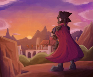 anthro armor armwear black_body black_fur black_hair building cape cheek_tuft clothed clothing cloud dark_body dark_fur detailed_background facial_tuft female fur fur_tuft hair mountain outside pink_nose plant shrub solo standing sun tuft visor ajhasbread rivals_of_aether clairen_(rivals_of_aether) felid feline mammal pantherine digital_drawing_(artwork) digital_media_(artwork) hi_res