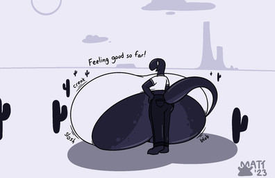 anthro big_breasts black_body bottomwear breast_expansion breasts cactus clothing exclamation_point expansion female huge_breasts hyper hyper_breasts looking_at_viewer looking_back non-mammal_breasts onomatopoeia open_mouth pants plant shirt solo sound_effects text topwear mattthetooncat google google_chrome dinosaur_(google_chrome) dinosaur prehistoric_species reptile scalie english_text hi_res