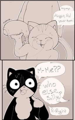 anthro balls big_penis biped black_body blush bodily_fluids cute_fangs dialogue erection exclamation_point eyes_closed fangs fingers foreskin fur genitals gesture group hand_gesture hand_on_penis humanoid_genitalia humanoid_penis kneeling male nervous nude nude_anthro nude_male open_mouth open_smile penis pointing pointing_at_self question_mark saliva saliva_string sharp_teeth smile speech_bubble standing sweat tail teeth text throbbing throbbing_penis tongue trio whiskers sushiamazing working_buddies! kuehiko_roshihara rufuta_hachitani tapio_chatarozawa domestic_cat felid feline felis mammal 2026 absurd_res comic digital_media_(artwork) english_text hi_res