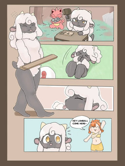 black_body black_nose dialogue duo female genitals hair orange_hair palmorph penis pink_body plant text tree white_hair yellow_eyes ganghandog palworld pocketpair bovid caprine domestic_cat felid feline felis human lamball mammal pal_(species) sheep comic english_text