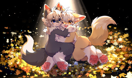 4_toes ambiguous/ambiguous ambiguous_anthro ambiguous_gender anthro blue_eyes blush butt claws cute_fangs dipstick_ears dipstick_tail duo ear_markings fangs feet fur gloves_(marking) grey_body grey_fur hug kemono leaf leg_markings markings multicolored_ears nude open_mouth pawpads paws socks_(marking) tail tail_markings teeth toe_claws toes tongue underpaw white_body white_fur yellow_body yellow_eyes yellow_fur young young_ambiguous young_anthro aqianr canid canine canis fox mammal wolf 2025 absurd_res digital_media_(artwork) full-length_portrait hi_res portrait