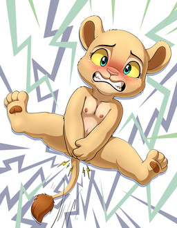 anthro blush covering covering_crotch cunt_punt feet female nipples nude pain solo young lkiws disney the_lion_king nala_(the_lion_king) felid lion mammal pantherine absurd_res hi_res