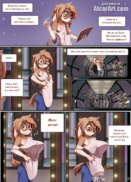 anthro black_nose bra clothed clothing eyebrows eyewear female fingers glasses grin hair holding_object off_shoulder smile tail text underwear alcorart conditional_dnp phoebe_(alcorart) bird_dog canid canine canis domestic_dog hunting_dog mammal spaniel 2025 artist_name comic digital_media_(artwork) english_text hi_res url